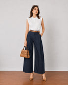 Gazillion Gigi bold indigo blue barrel denim pants for women, full-length front view