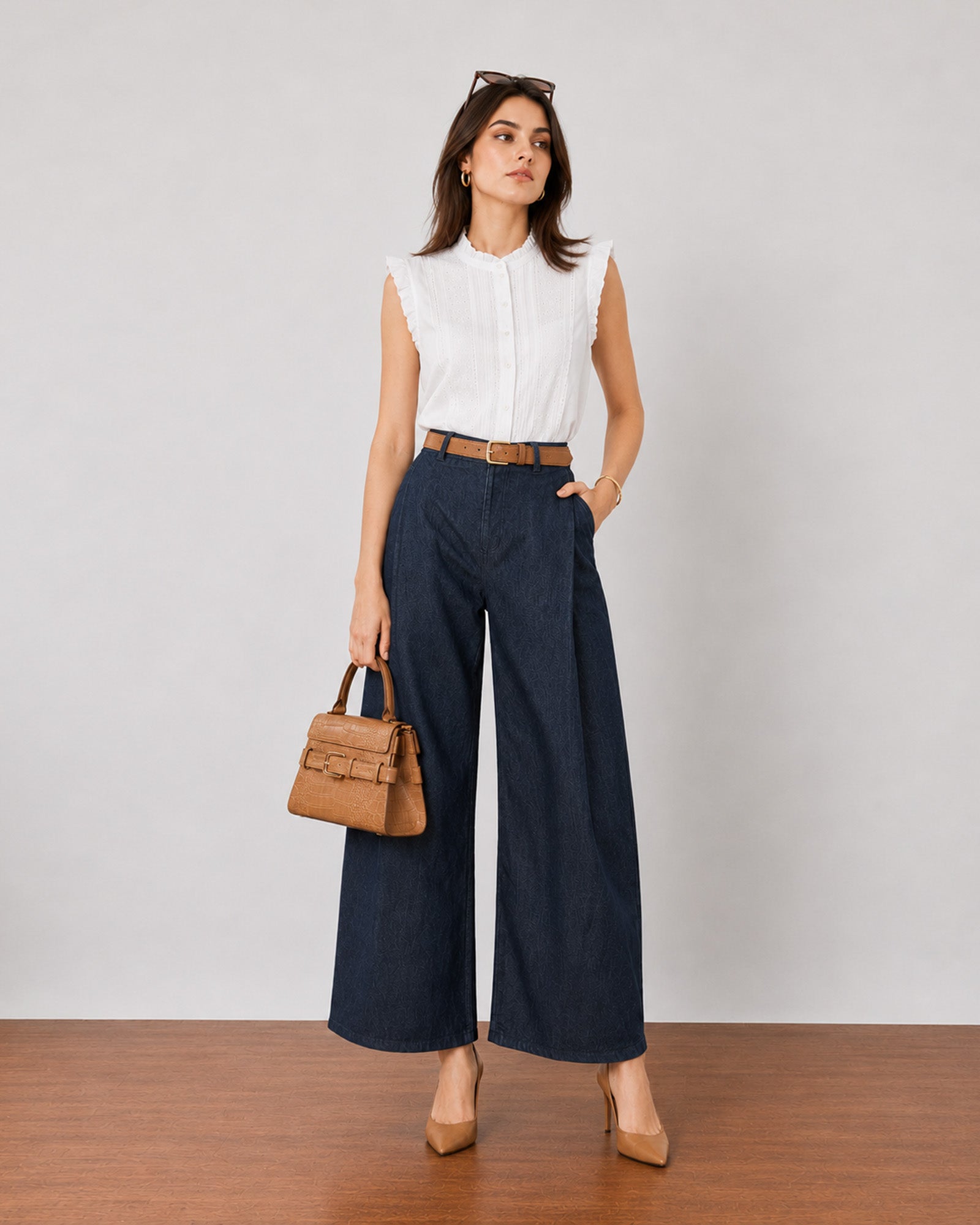 Gazillion Gigi bold indigo blue barrel denim pants for women, full-length front view