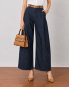 Gigi indigo blue barrel denim pants with functional cross pockets