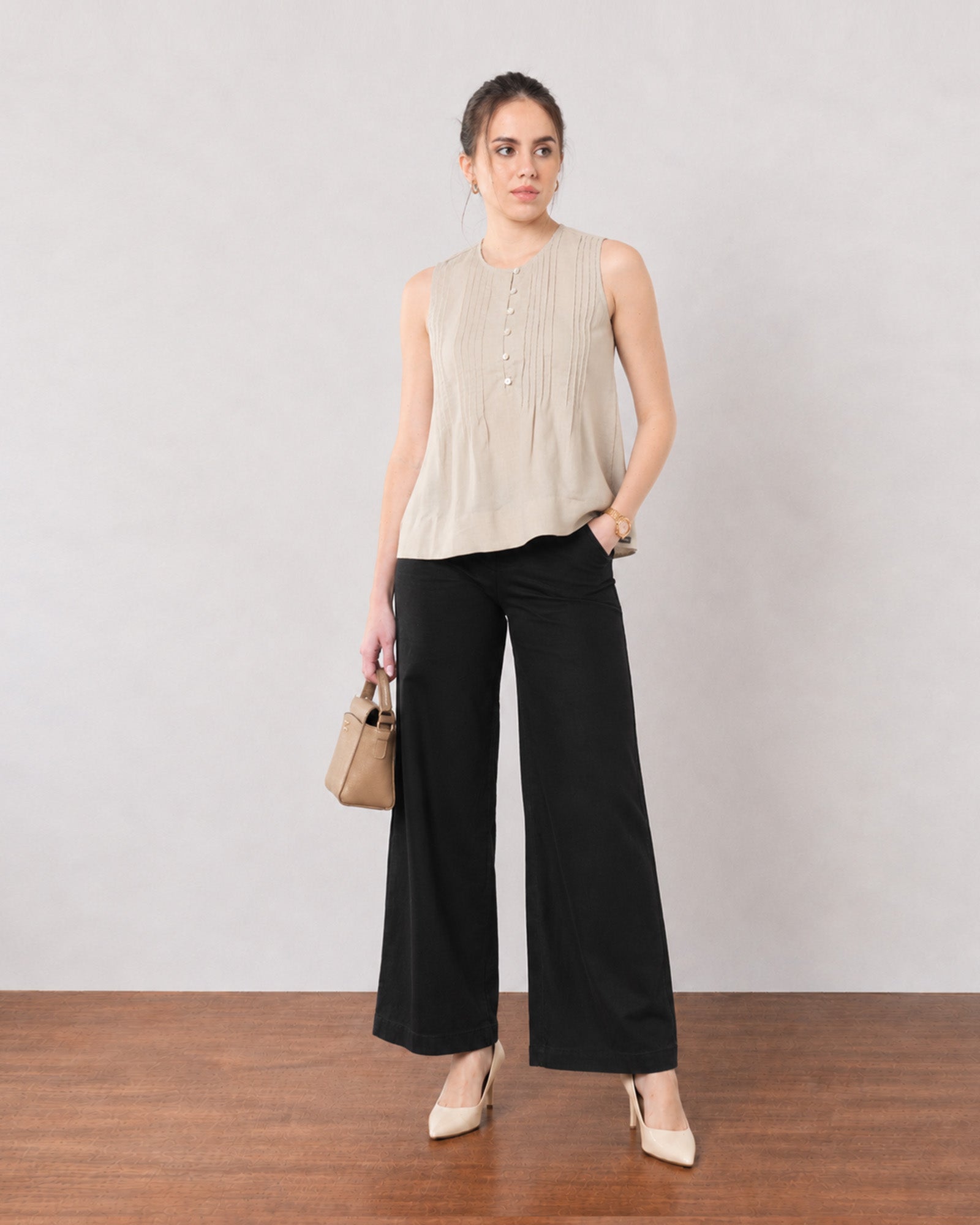 Gazillion Gill classy beige pin tucks soft linen top for women, full-length front view