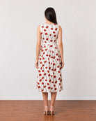 Gina red and white poppy print midi dress with cotton voile lining, back view
