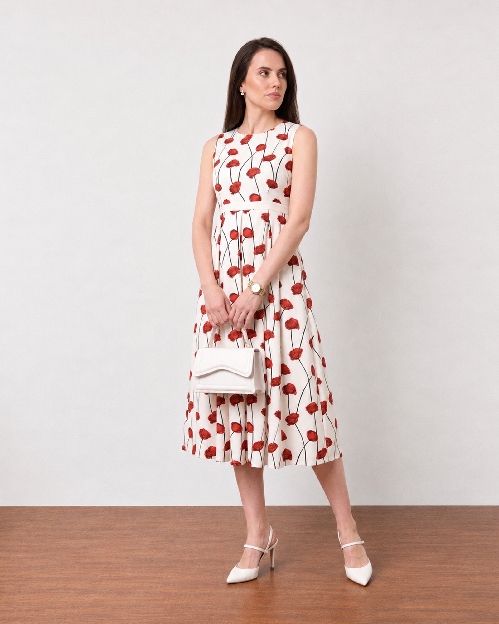 Gazillion Gina stylish red and white floral print dress for women, full-length front view