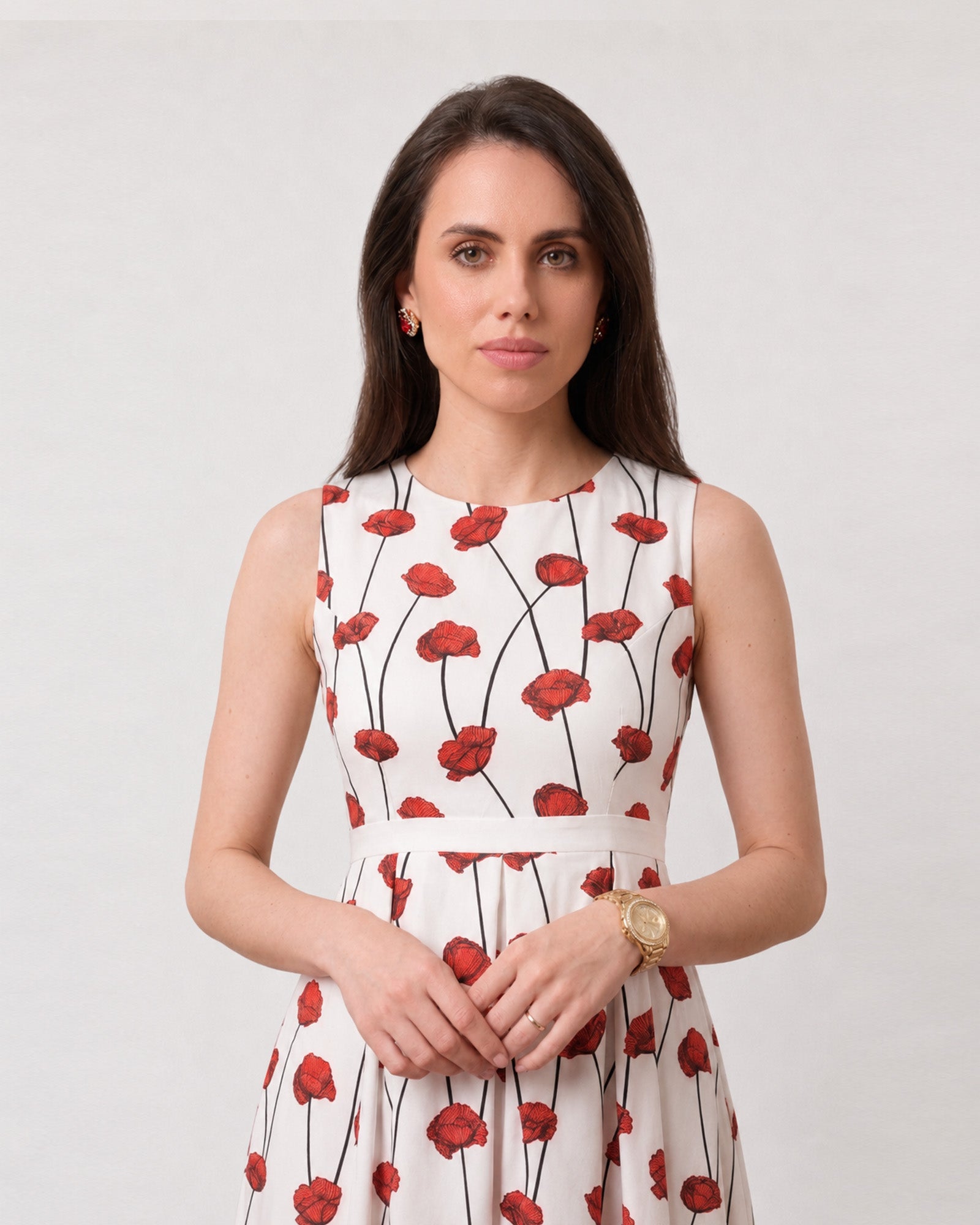 Close-up of Gina red and white dress boat neckline and poppy motif, full cambric lining