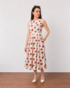 Gina red and white pockets dress for work, with full cambric lining and deep side pockets