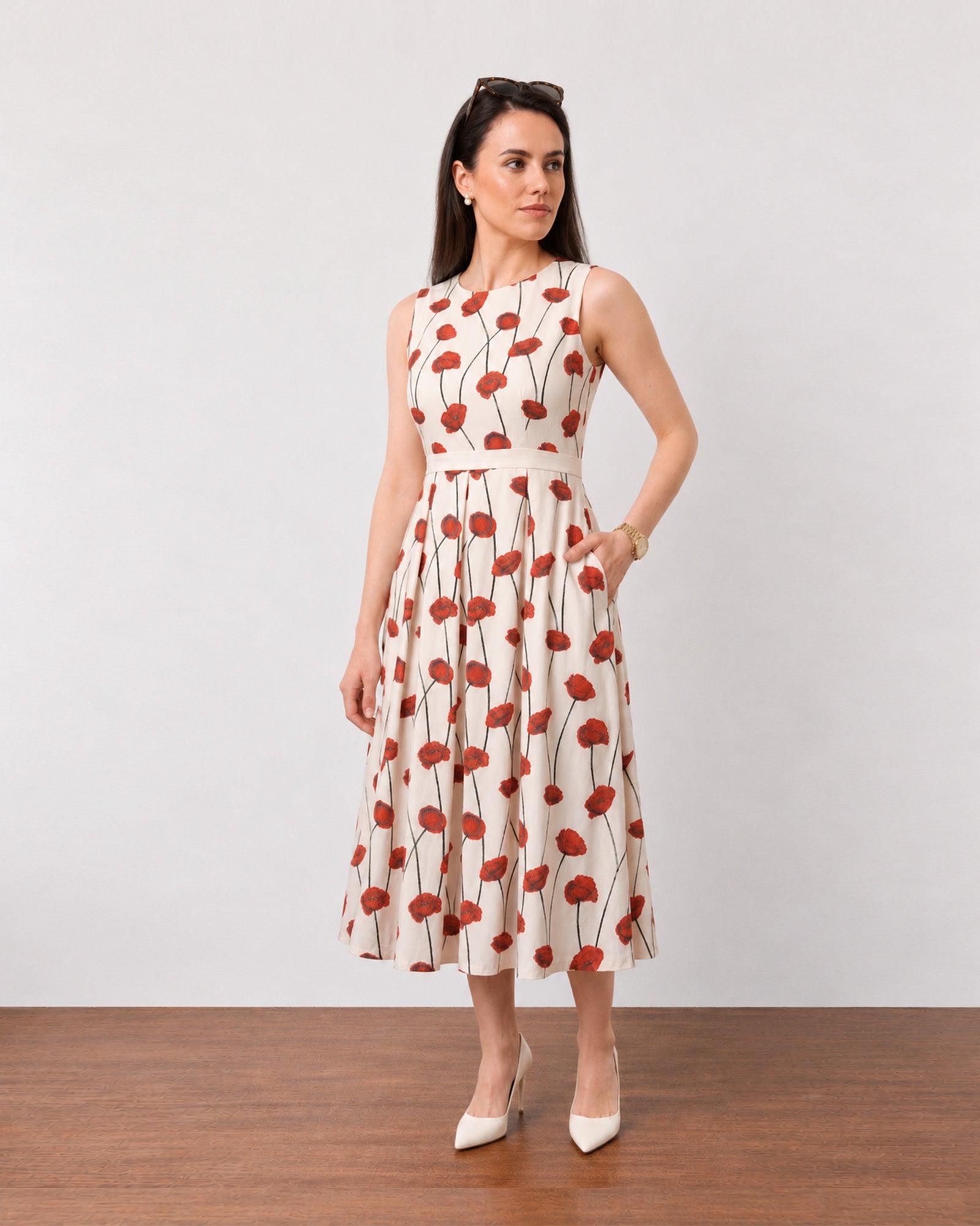 Gina red and white pockets dress for work, with full cambric lining and deep side pockets