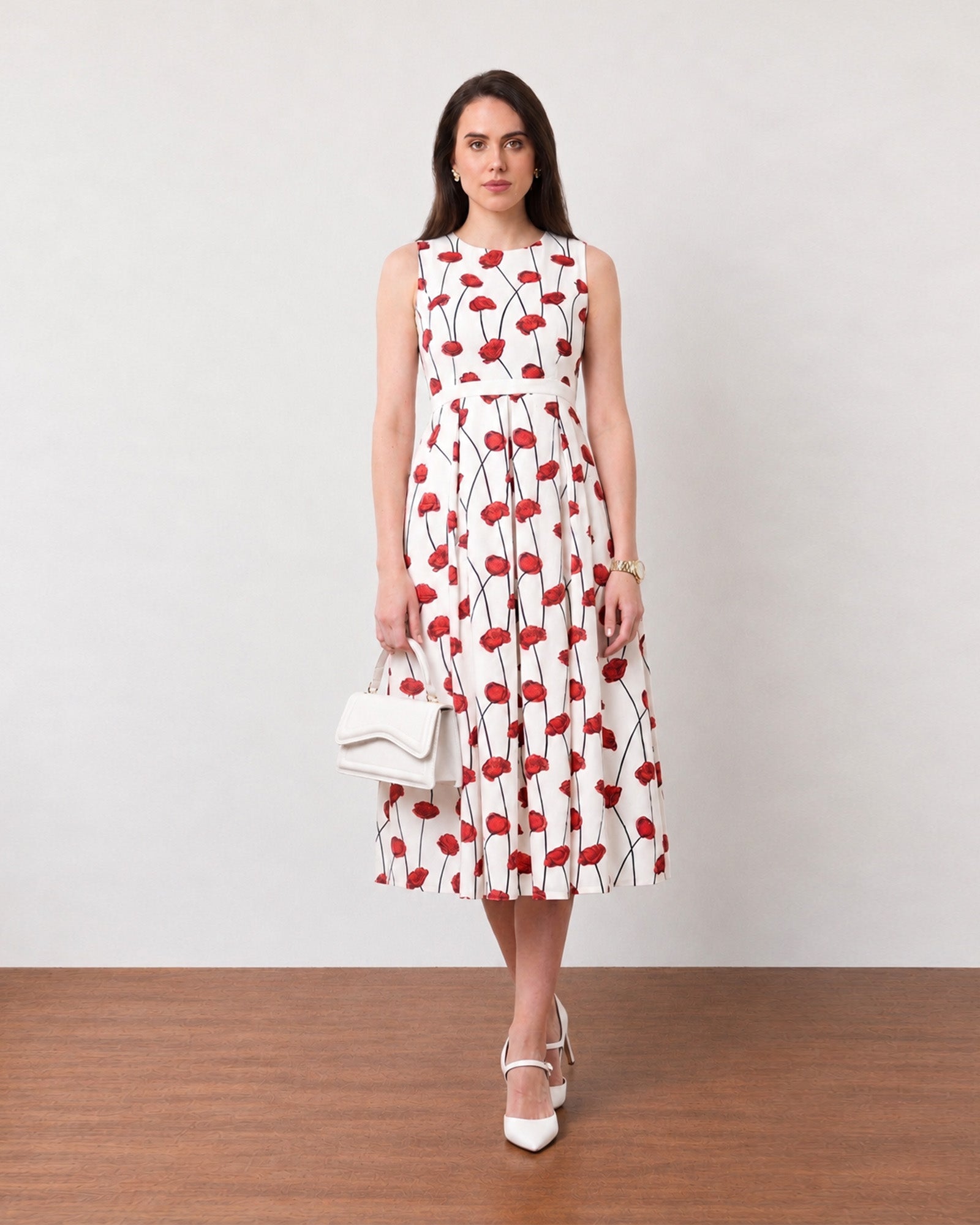 Gina red and white floral print midi dress with cotton voile lining, walking view