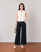 Gazillion Ginger sophisticated beige soft linen vest for women, full-length front view