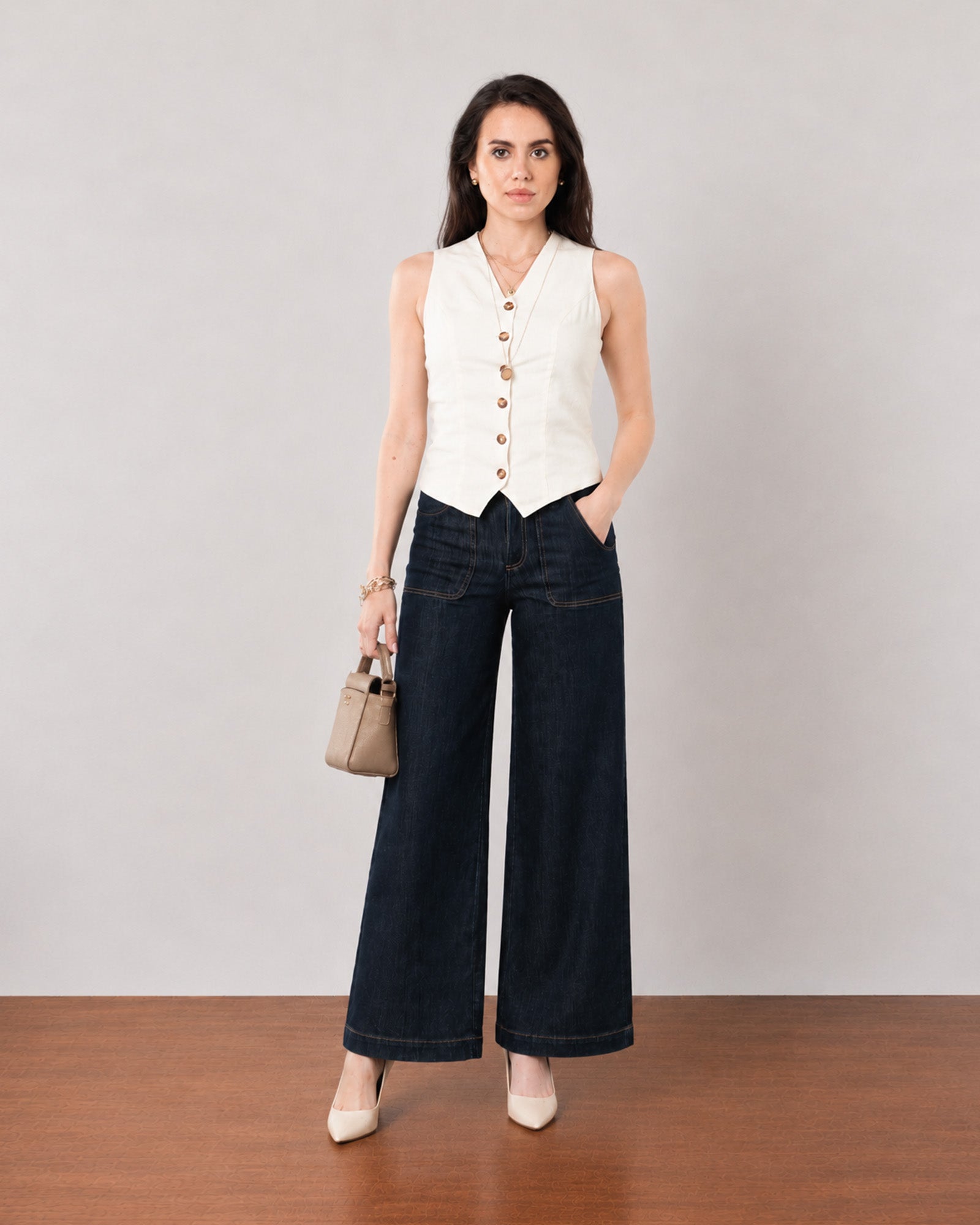 Gazillion Ginger sophisticated beige soft linen vest for women, full-length front view