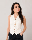 Ginger beige linen vest with a classic V-neckline and horn buttons, front detail