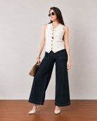 Ginger beige linen vest, smart casual walking view