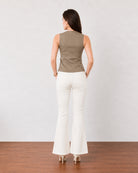 Ginger muddy brown linen vest with cotton voile lining, back view showing fitted panel seams and extended length