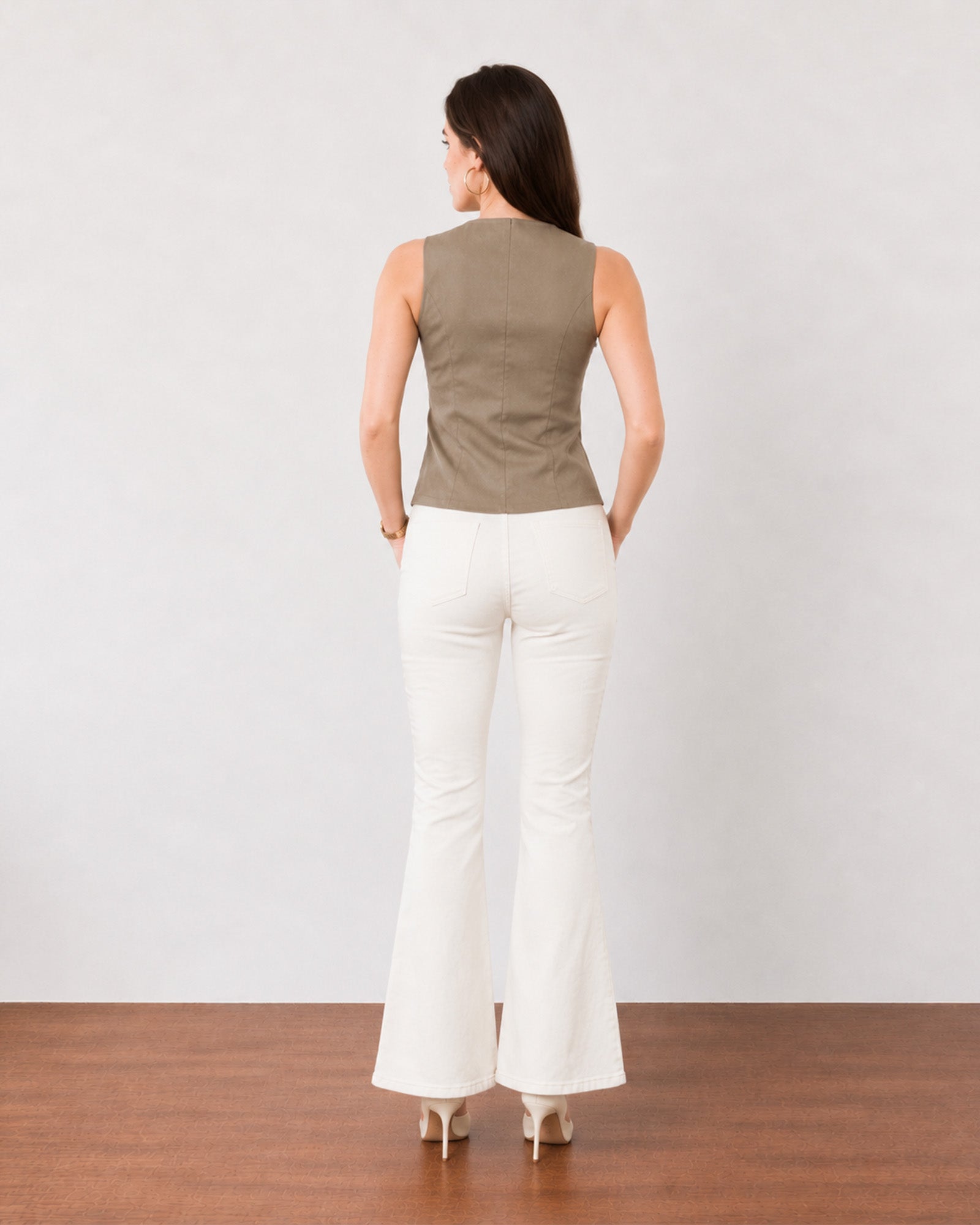 Ginger muddy brown linen vest with cotton voile lining, back view showing fitted panel seams and extended length