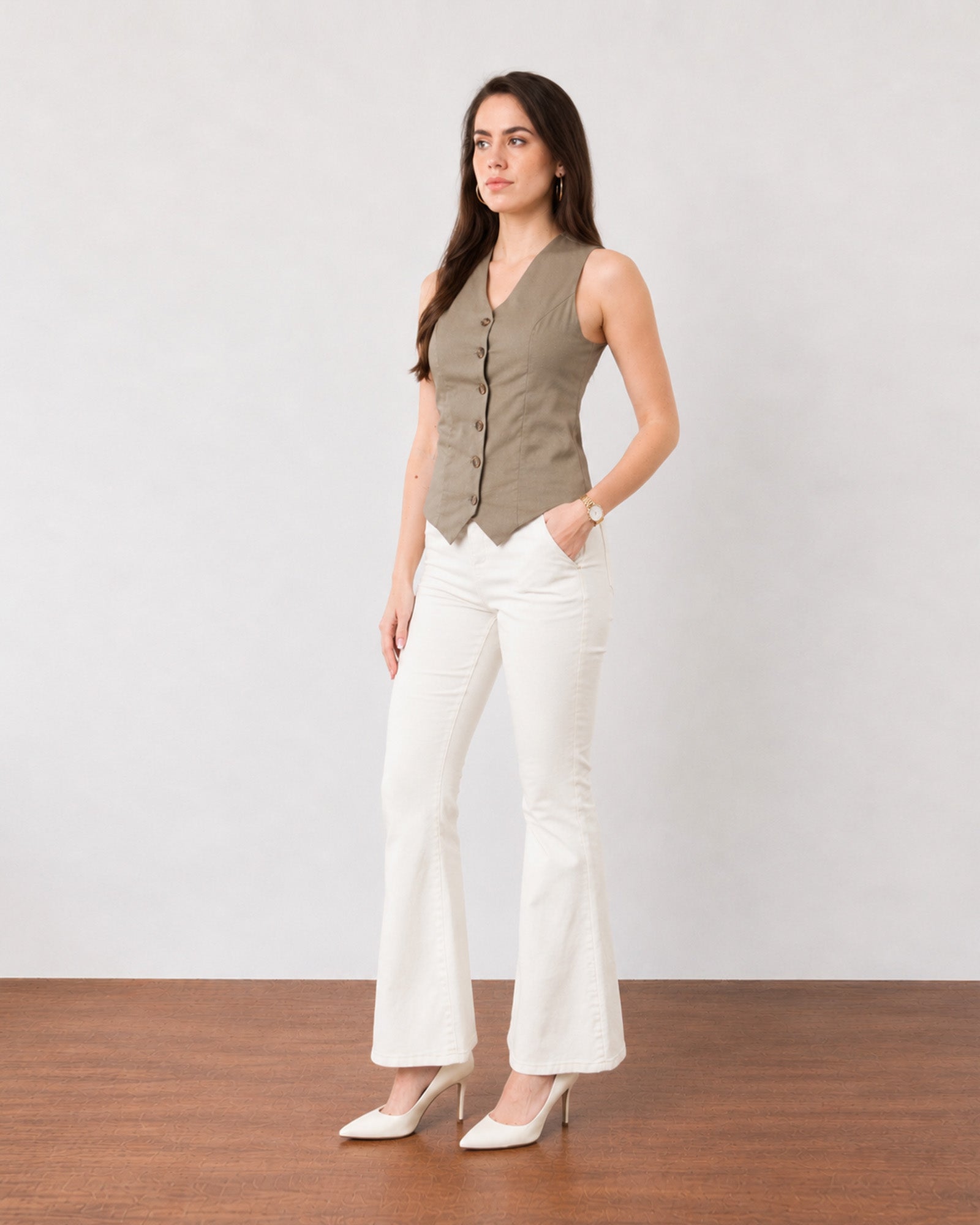 Gazillion Ginger smart muddy brown soft linen vest for women, full-length front view