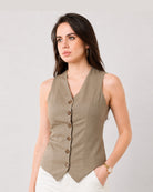 Ginger muddy brown linen vest with a classic V-neckline and horn buttons, front detail