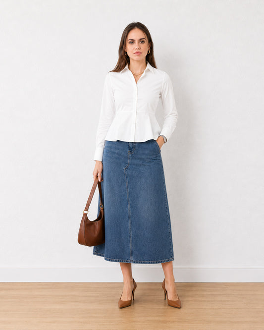 Gazillion Giselle classy white peplum shirt for women, full-length front view