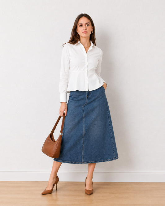 Giselle white cotton work shirt, smart casual walking view