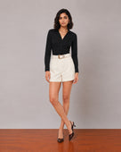 Gazillion Goldy classy beige high waisted soft linen shorts for women, full-length front view