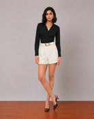 Gazillion Goldy classy beige high waisted soft linen shorts for women, full-length front view