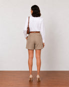 Goldy muddy brown pleated linen shorts with full cambric lining, back view