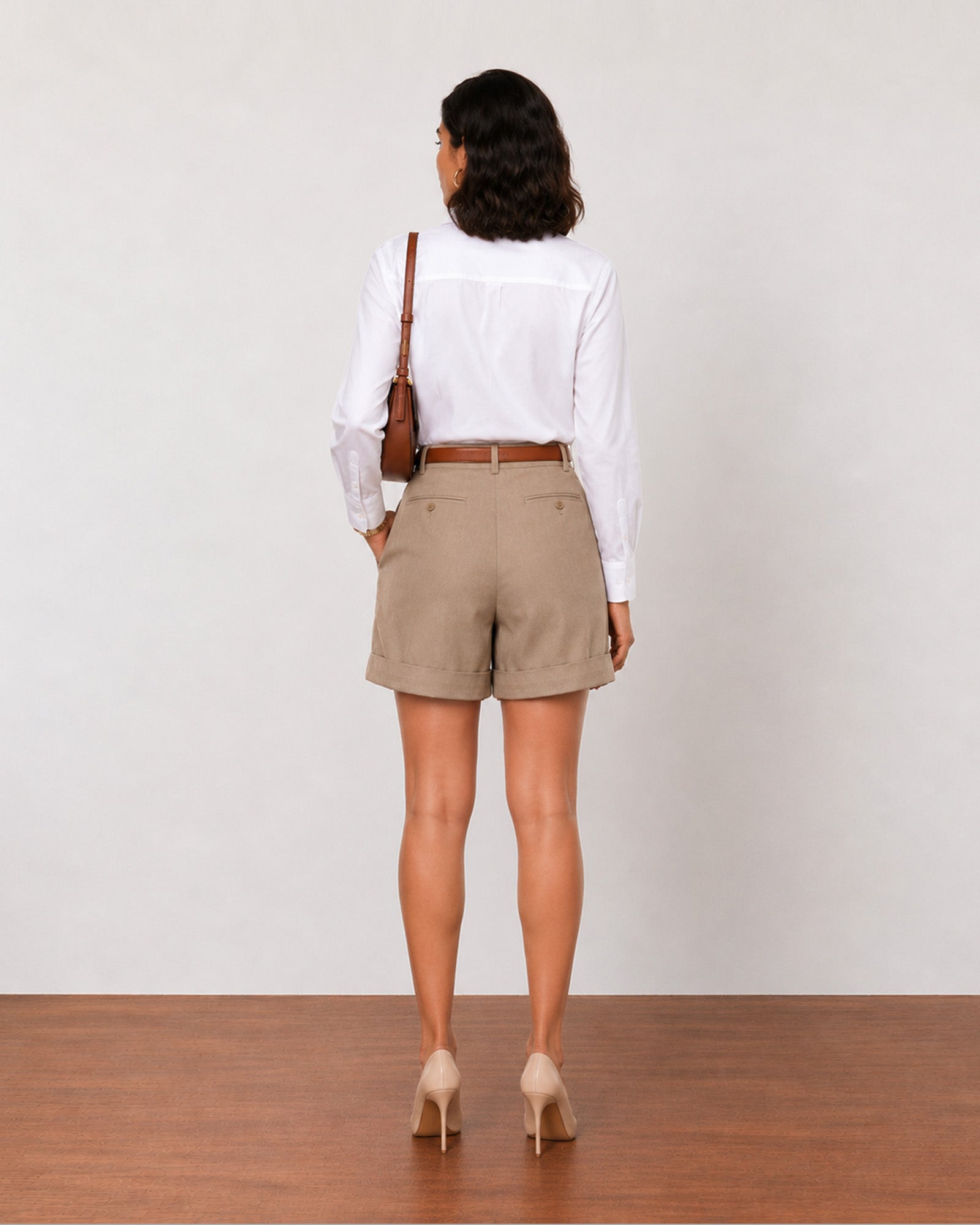 Goldy muddy brown pleated linen shorts with full cambric lining, back view