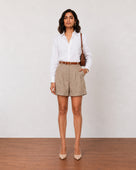 Gazillion Goldy stylish muddy brown high waisted soft linen shorts for women, full-length front view