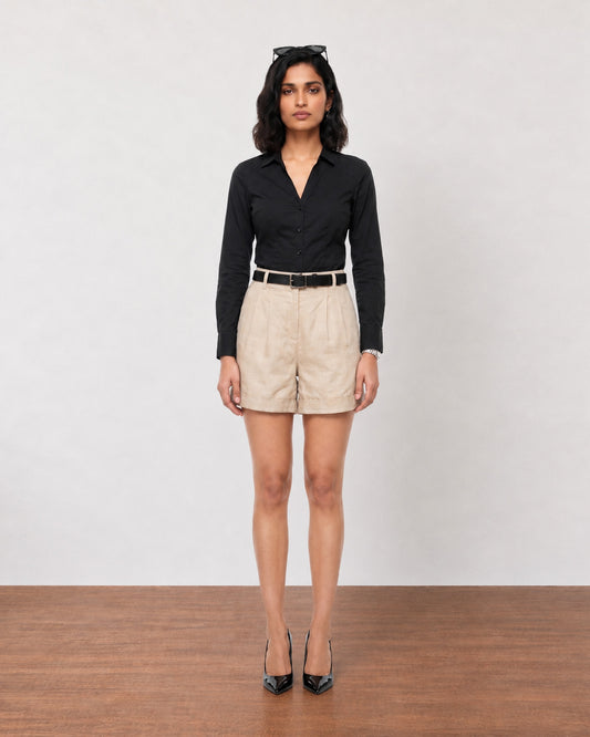 Gazillion Grace elegant beige high waisted pleated soft linen shorts for women, full-length front view