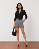 Gazillion Grace smart charcoal grey pleated soft linen shorts for women, full-length front view