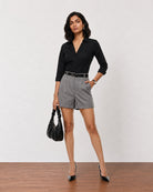Gazillion Grace smart charcoal grey pleated soft linen shorts for women, full-length front view