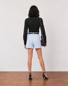 Grace sky blue pleated linen shorts with full cambric lining, back view