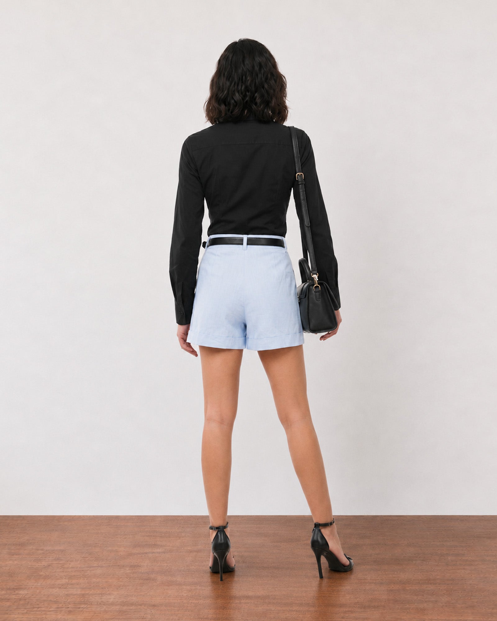 Grace sky blue pleated linen shorts with full cambric lining, back view