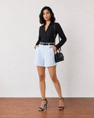 Gazillion Grace stylish sky blue pleated soft linen shorts for women, full-length front view