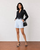 Gazillion Grace stylish sky blue pleated soft linen shorts for women, full-length front view