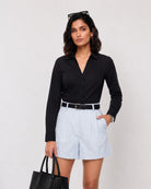 Grace sky blue linen pleated shorts, classy summer workday