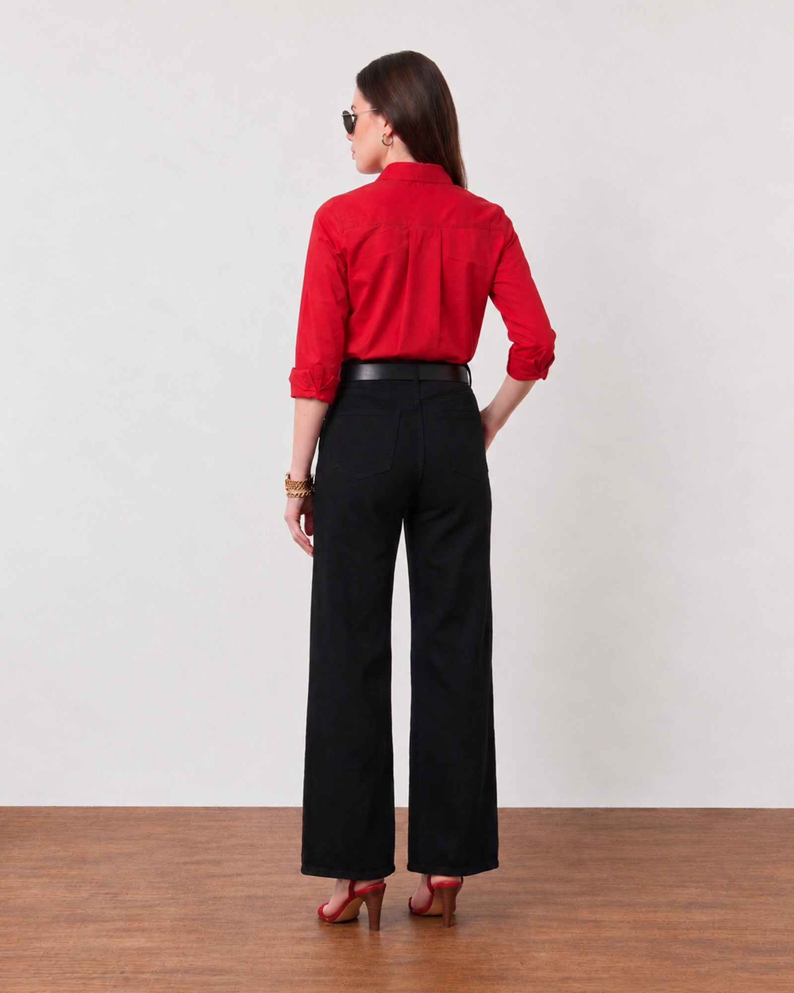 Gracy scarlet red cotton utility shirt with a clean back yoke, back view