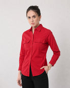 Gracy scarlet red 100% cotton shirt with a classic pointed collar, close-up neckline view