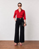 Gazillion Gracy bold scarlet red cotton utility shirt for women, full-length front view