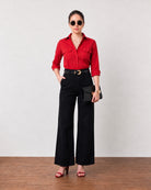Gazillion Gracy bold scarlet red cotton utility shirt for women, full-length front view