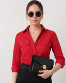 Gracy scarlet red utility shirt, waist-up view