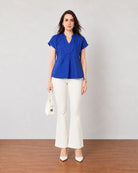 Gazillion Greta elegant royal blue cotton satin office top for women, full-length front view