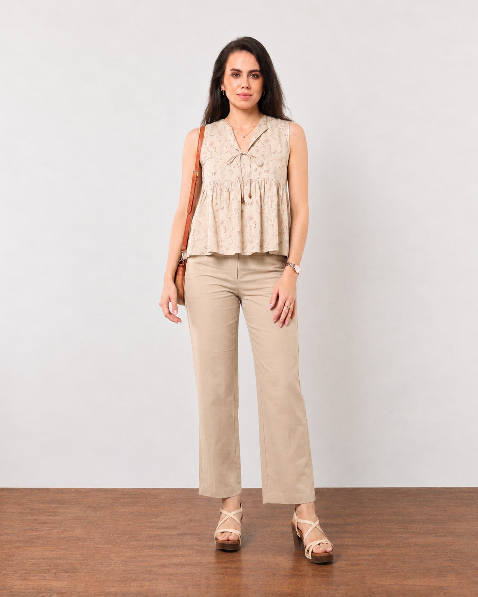 Gretchen beige printed peplum top, classy summer look