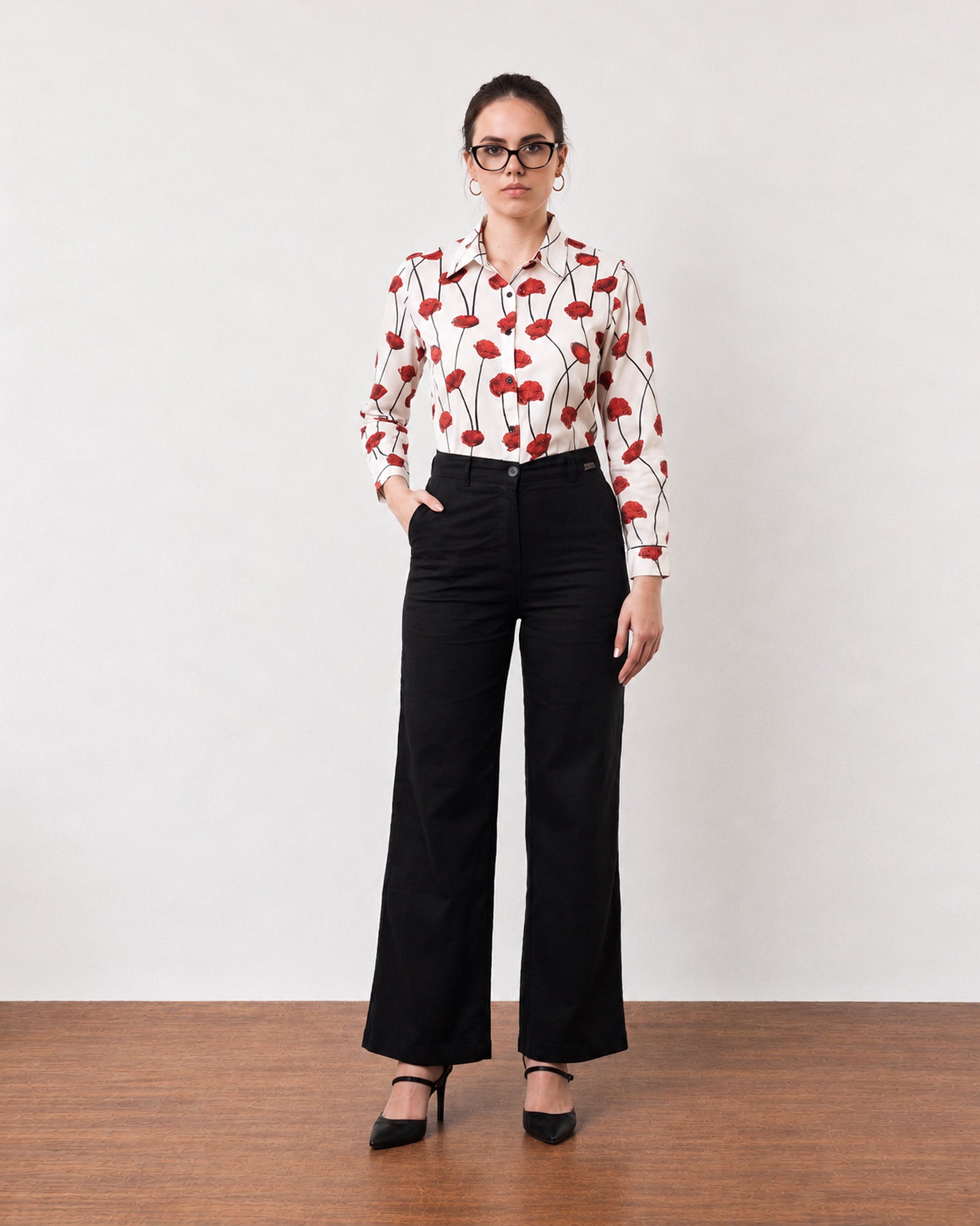 Gazillion Greth classy red floral print cotton shirt for women, full-length front view