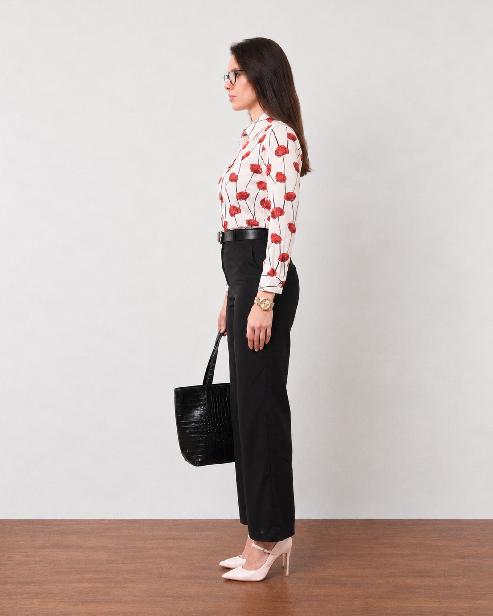 Greth red floral print cotton shirt, side view