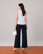 Gusta sky blue sleeveless cotton top with a clean back, back view