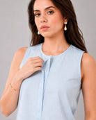 Gusta sky blue 100% cotton top with delicate front pin tuck detailing, close-up view