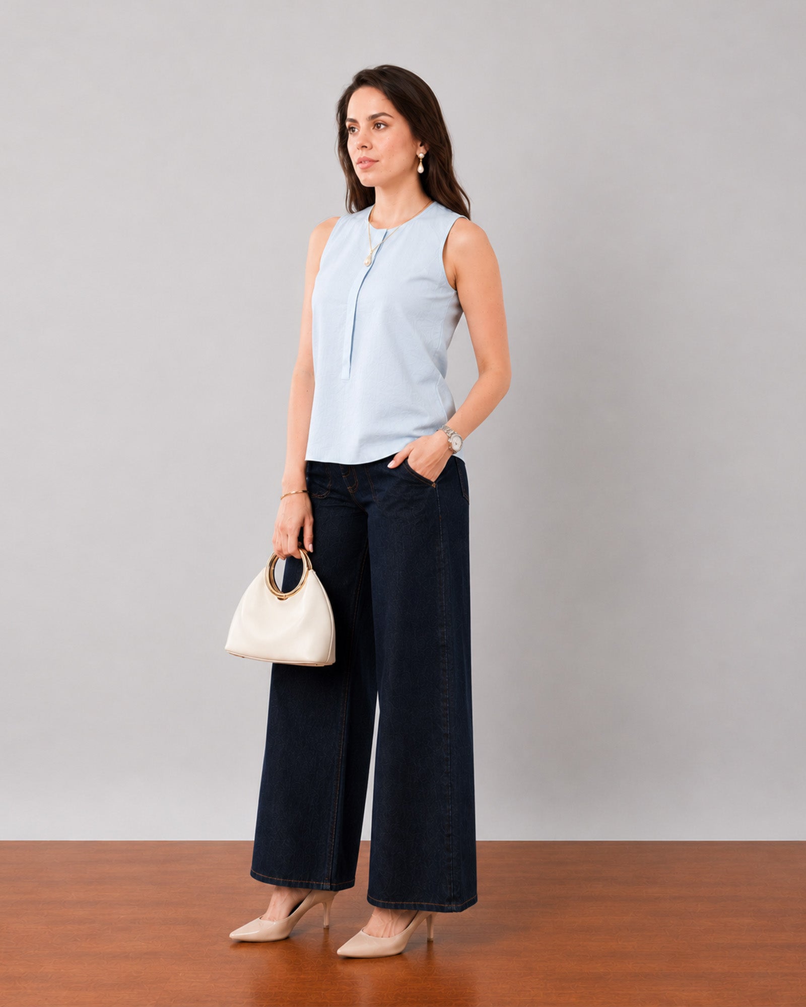 Gusta sky blue pin tucks top, classy smart casual look