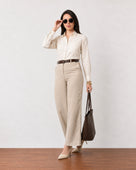 Gazillion Gwen elegant beige soft linen shirt for women, full-length front view
