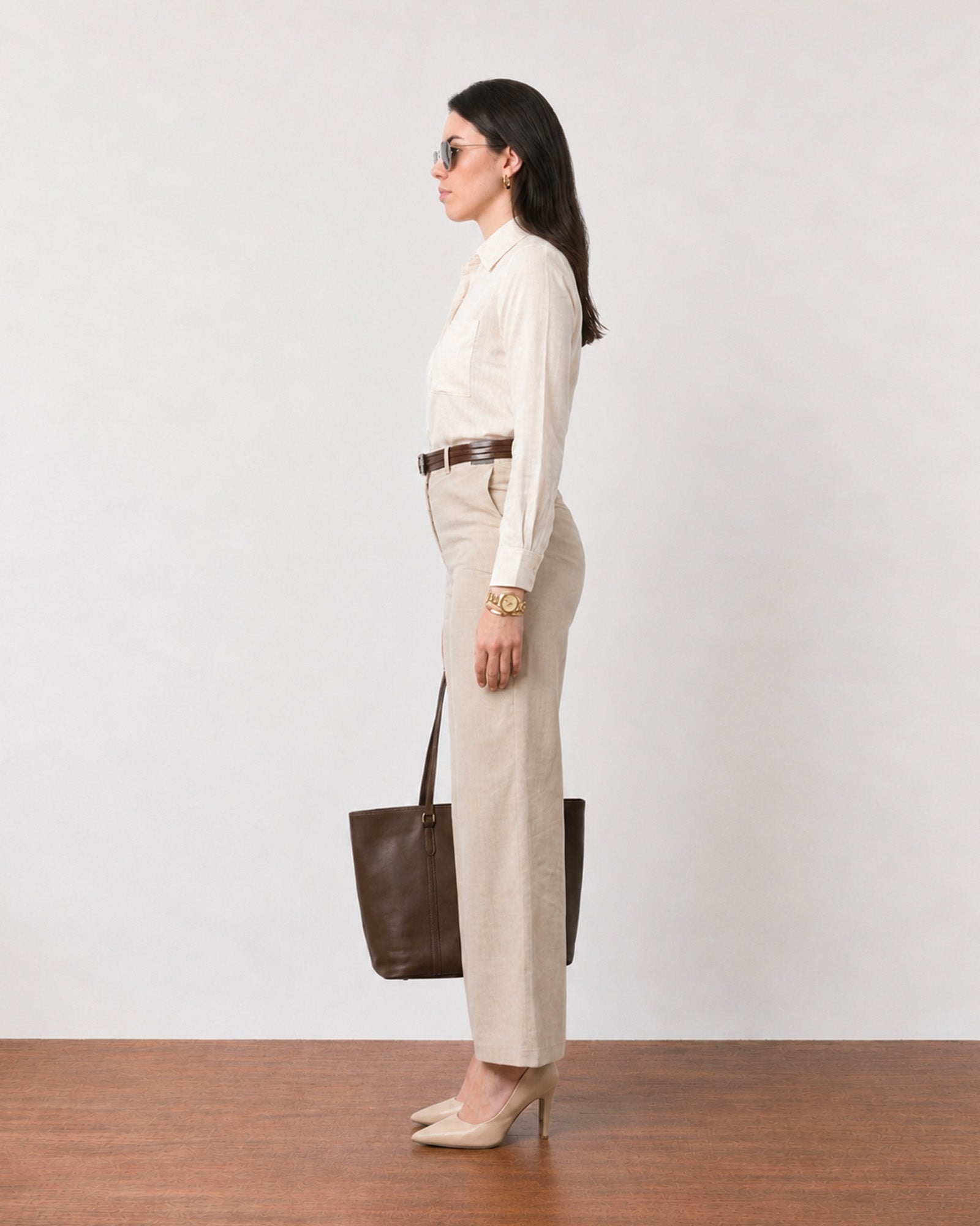 Gwen beige soft linen shirt with a breathable unlined body, side profile view