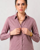 Close-up of Gwen rose pink linen shirt pointed collar, full button placket and chest pocket