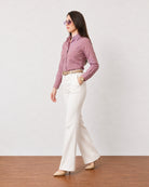Gwen rose pink unlined linen shirt with rollable long sleeves, walking view