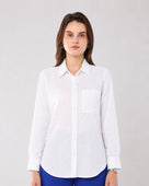 Gazillion Gwen minimalist white soft linen shirt for women, full-length front view